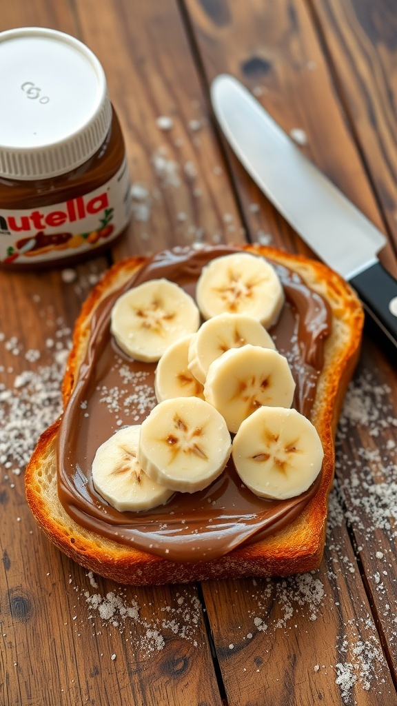 Nutella Toast Recipe Nutella toast topped with banana slices and powdered sugar on a wooden table.
